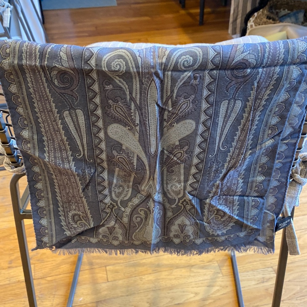 Etro wool and silk blue paisley print scarf. 12x44”.